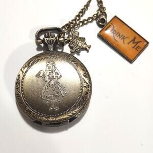 Alice In Wonderland Bronze Pocket Watch With Charms Christmas Birthday Gift New!